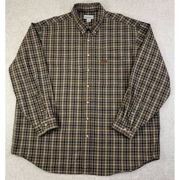 Vintage Carhartt Button Down Shirt Men's 2XL Tall Green Beige Plaid Workwear S94 - Picture 1 of 7